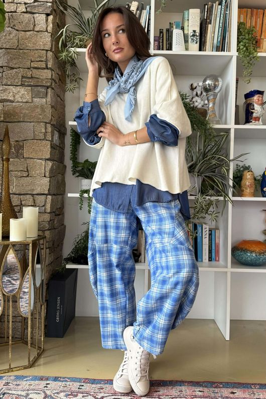 Patrick Plaid Brushed Cotton Barrel Pant Soft Cobalt